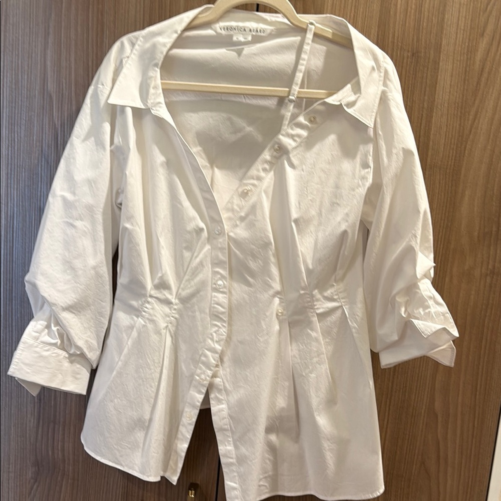 Veronica Beard White Button Down Shirt with Notched Collar and Cuffed Sleeves
